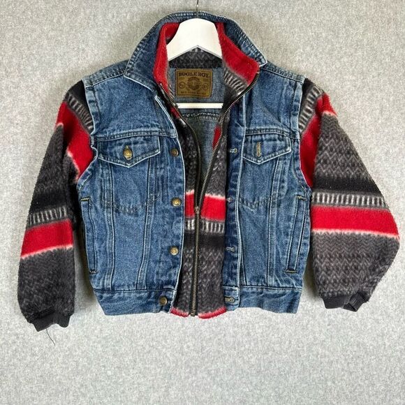 Vintage Bugle Boy Large Boys Denim & Fleece Jacket Aztec Print Blue Red Gray - Picture 1 of 7